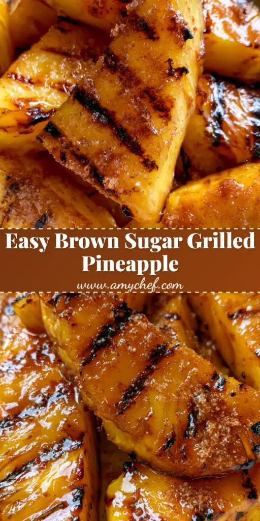 Grilled Pineapple with Brown Sugar Glaze and Cinnamon 4 A tall pile of grilled pineapple wedges with dark charred grill marks in a white ceramic bowl, coated in a glossy brown sugar glaze and dusted with cinnamon.