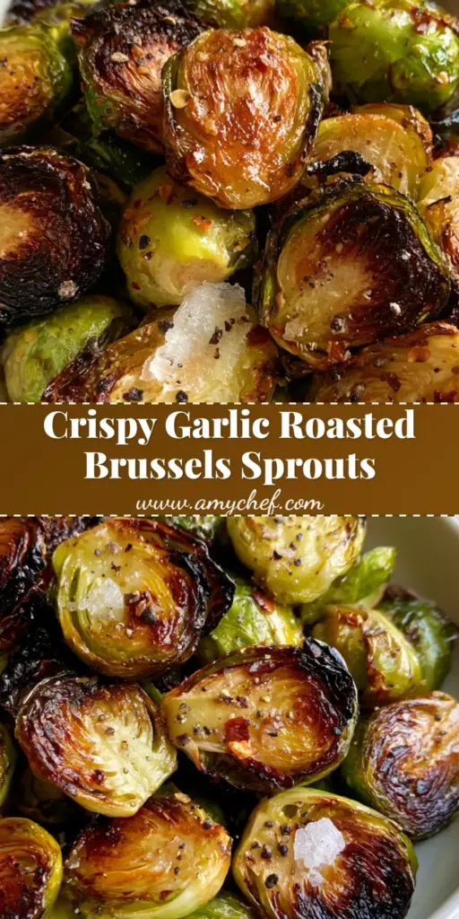 A shallow white bowl filled with halved Roasted Brussels Sprouts showing charred crispy edges and tender green centers, seasoned with sea salt and chili flakes.