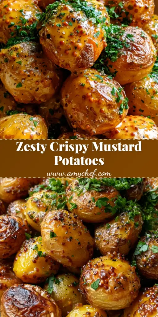 A close-up shot of Crispy Mustard Roasted Potatoes in a white bowl, showing glossy yellow mustard glaze and whole seeds with fresh parsley garnish.
