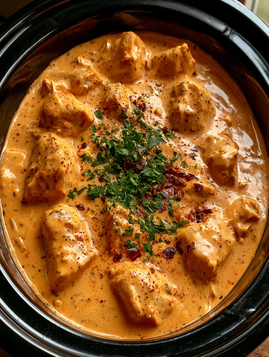 Crockpot Cajun Butter Chicken (Easy Creamy Slow Cooker Recipe) 4 Close up shot of creamy orange Cajun sauce with black pepper specks and chicken chunks. (Crockpot Cajun Butter Chicken)