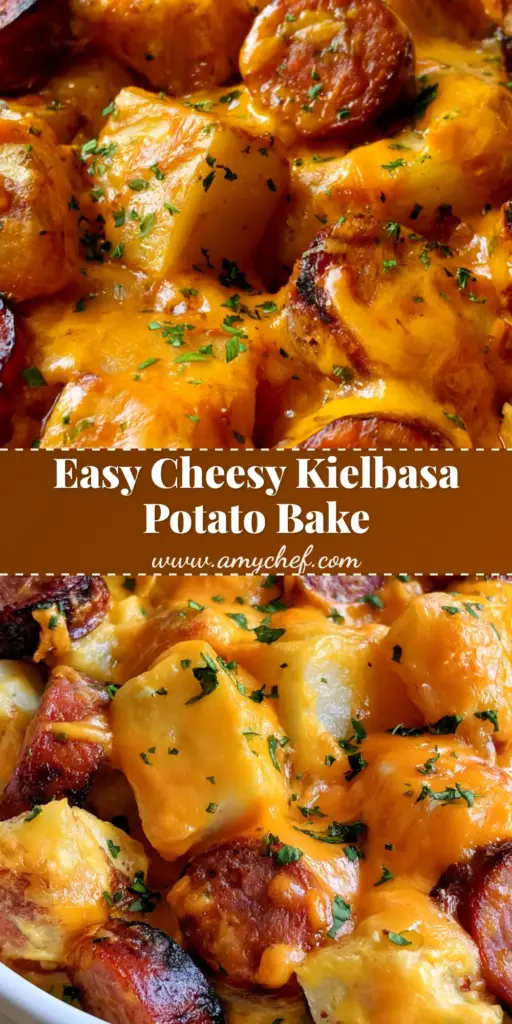 Kielbasa Potato Casserole with Smoked Sausage and Melted Cheddar 4 A vertical shot of Kielbasa Potato Casserole in a white dish showing melted orange cheddar cheese and seared sausage rounds.