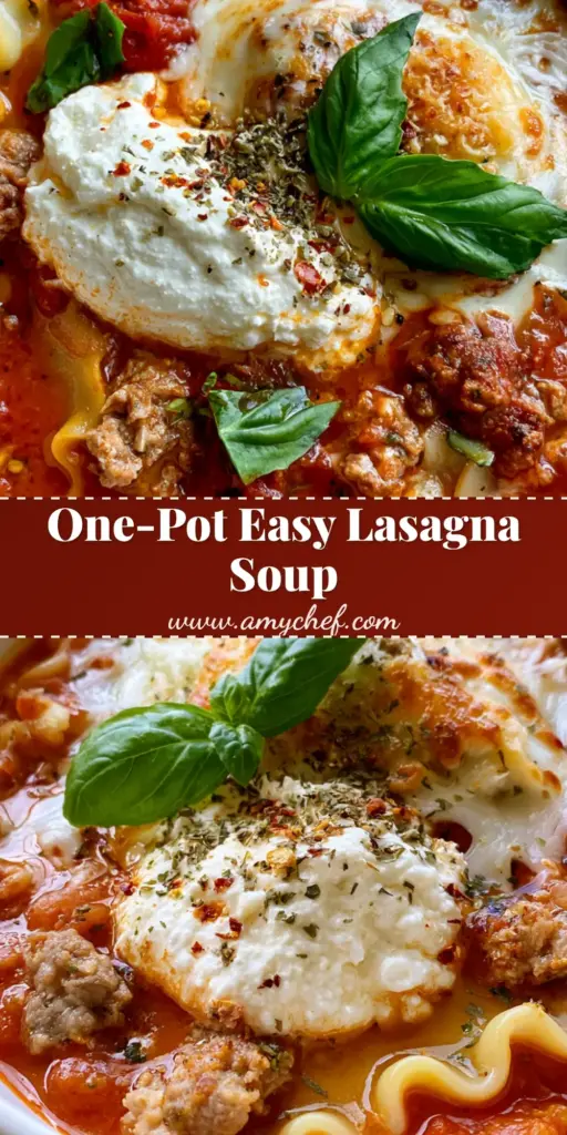 A top-down view of a hearty Lasagna Soup bowl with a thick dollop of ricotta and melted mozzarella. (Lasagna Soup)