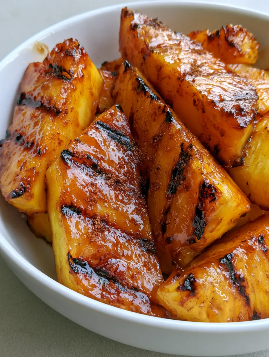 Grilled Pineapple with Brown Sugar Glaze and Cinnamon 3 Handheld photo showing juicy grilled pineapple wedges with caramelization and cinnamon sprinkles in a white bowl.