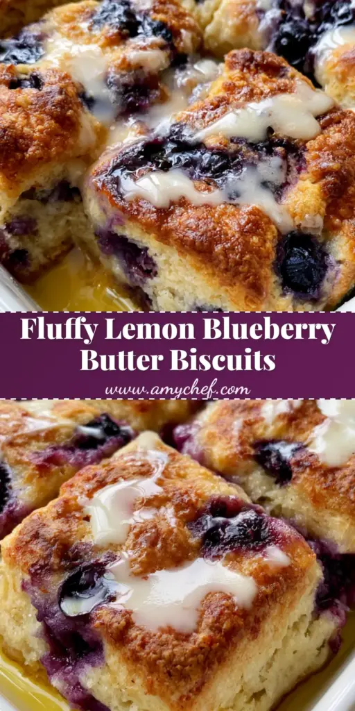 A close-up of square-cut Lemon Blueberry Butter Swim Biscuits in a white dish with thick lemon glaze and juice-stained berries.