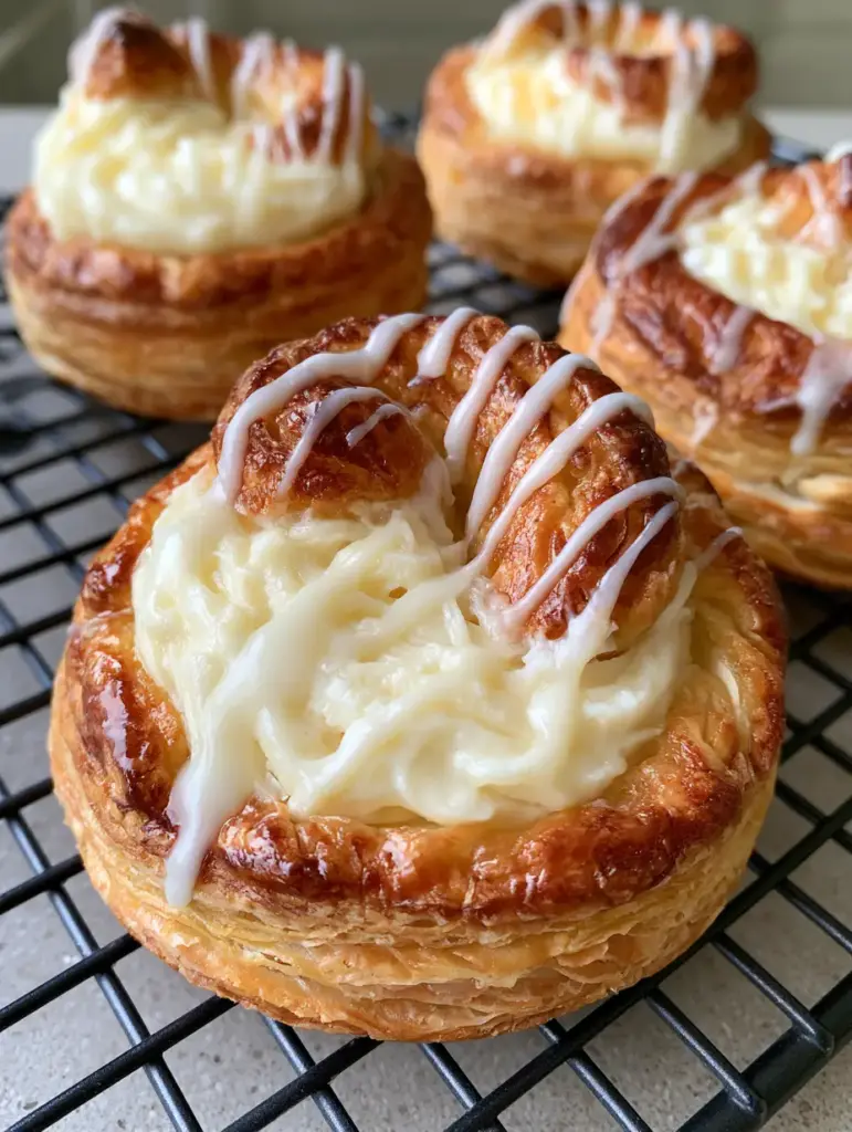 Multiple mini cheese danishes cooling on a black wire rack, featuring translucent sugar glaze zig-zags and buttery puff pastry.