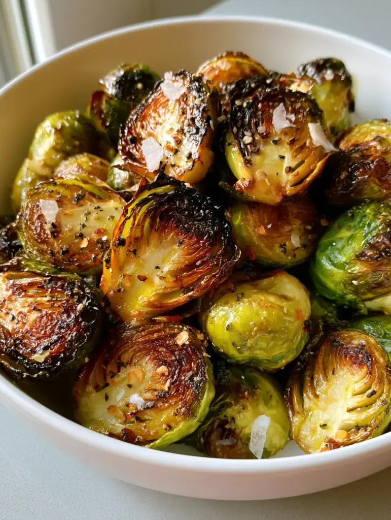 Close up of Roasted Brussels Sprouts in a white ceramic bowl showing deep golden-brown caramelization and sea salt flakes.