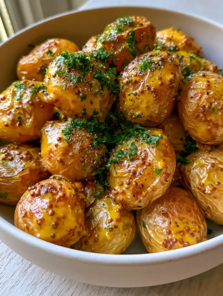 Handheld smartphone photo of Crispy Mustard Roasted Potatoes in a matte white ceramic bowl on a wooden table.