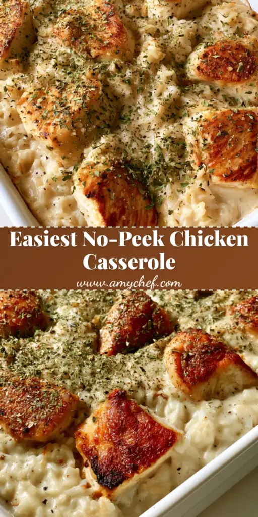 A handheld smartphone photo of a No-Peek Chicken Casserole in a white ceramic dish featuring seared chicken chunks and fluffy white rice with parsley.