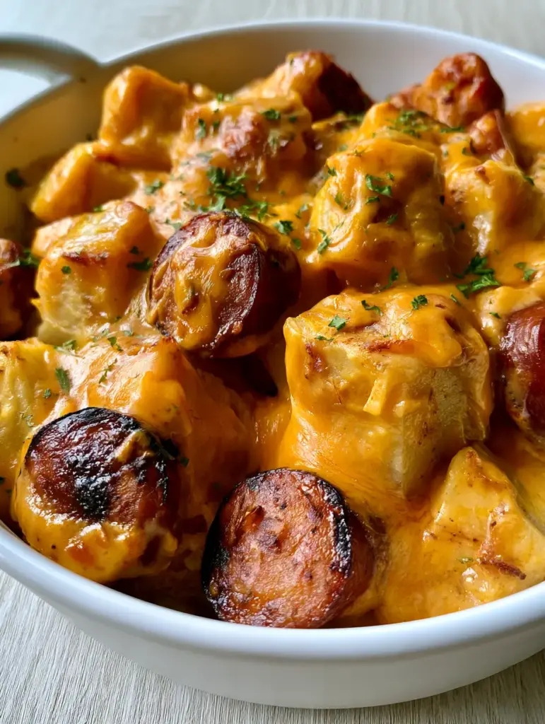 A white ceramic casserole dish filled with Kielbasa Potato Casserole, featuring browned sausage edges and parsley flakes.