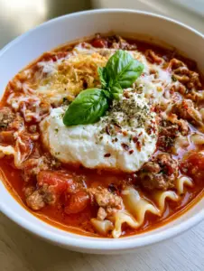 A close-up smartphone photo of Lasagna Soup featuring wavy noodles and browned sausage in a vibrant red broth. (Lasagna Soup)