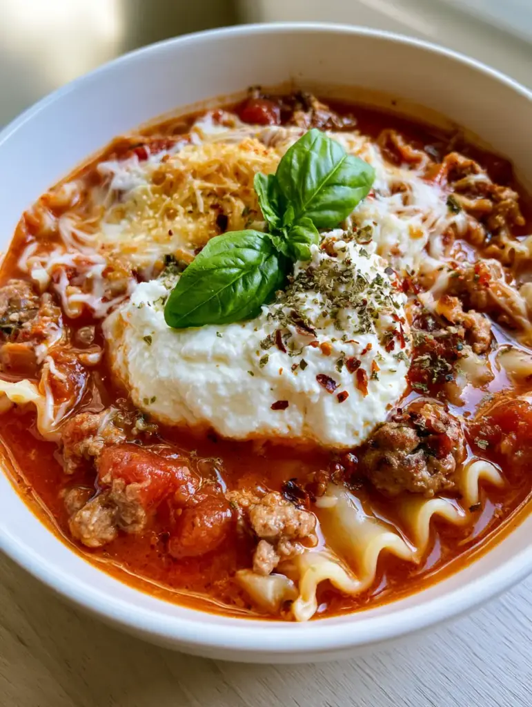A close-up smartphone photo of Lasagna Soup featuring wavy noodles and browned sausage in a vibrant red broth. (Lasagna Soup)
