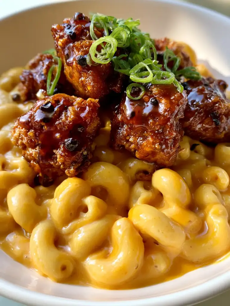 Honey Pepper Chicken and Mac: The Ultimate Creamy and Spicy Comfort Food 1 Overhead view of Honey Pepper Chicken and Mac garnished with fresh green onions and cracked black peppercorns.