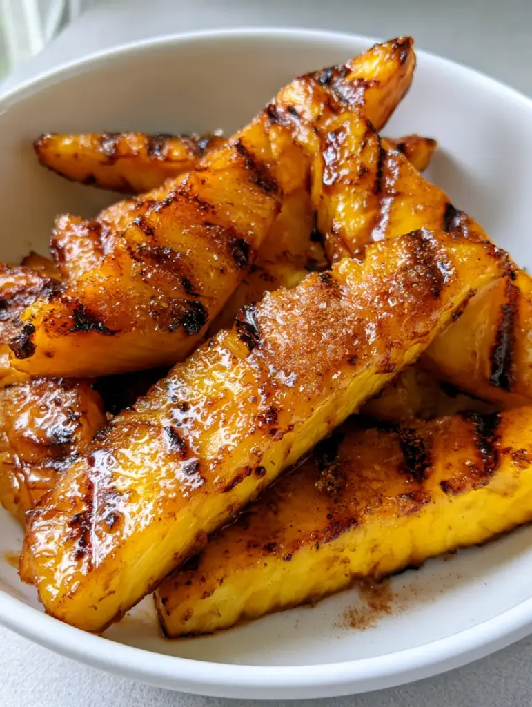 Grilled Pineapple with Brown Sugar Glaze and Cinnamon 1 Close up of grilled pineapple slices featuring golden-brown melted sugar and fine grains of brown sugar on top.