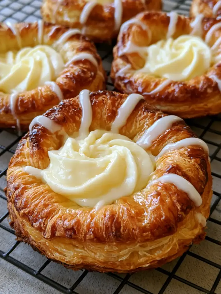 Close up of a mini cheese danish with visible flaky buttery layers and a thick creamy white filling.