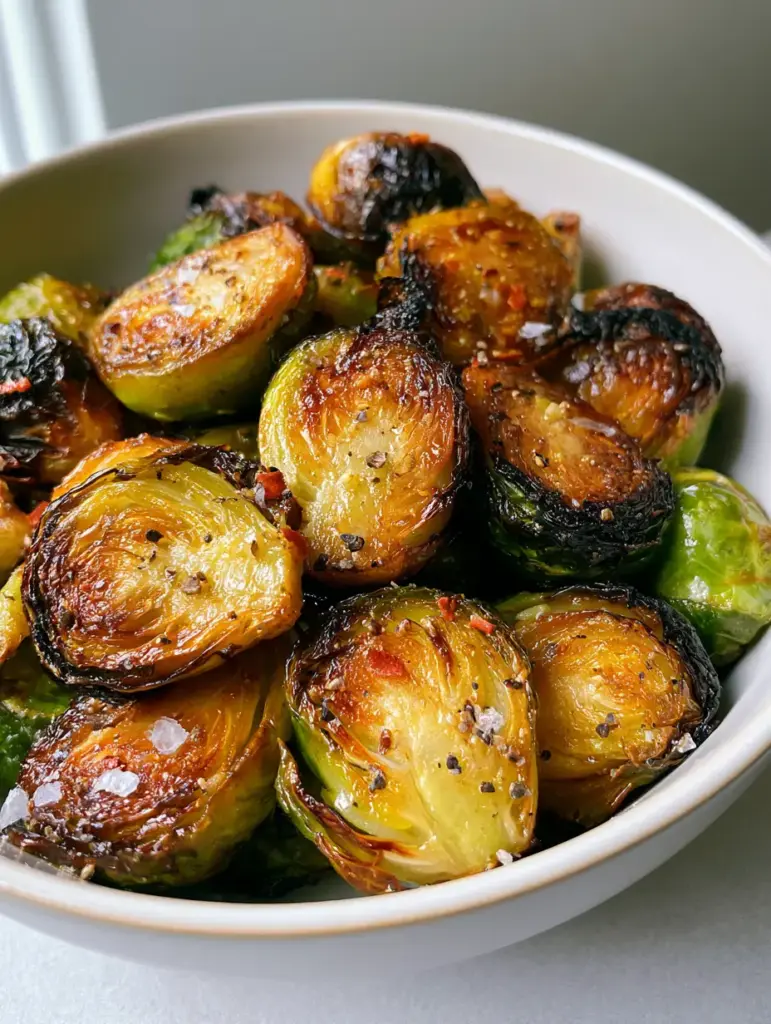 A heap of Roasted Brussels Sprouts with charred outer leaves and glistening olive oil glaze in a round white bowl.