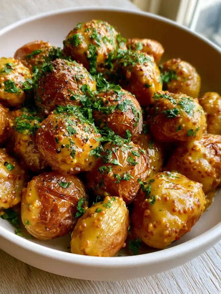 Top down view of Crispy Mustard Roasted Potatoes garnished with cracked black pepper and fresh parsley.