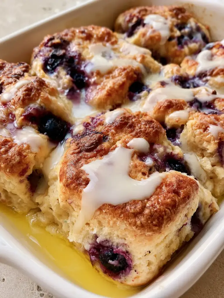 Close up shot of fluffy white dough and golden brown crust of Lemon Blueberry Butter Swim Biscuits.