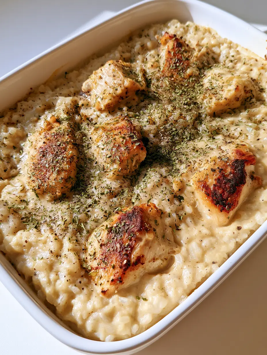 Close up of seared chicken breast chunks embedded in a creamy light-beige gravy and long-grain white rice. (No-Peek Chicken Casserole)