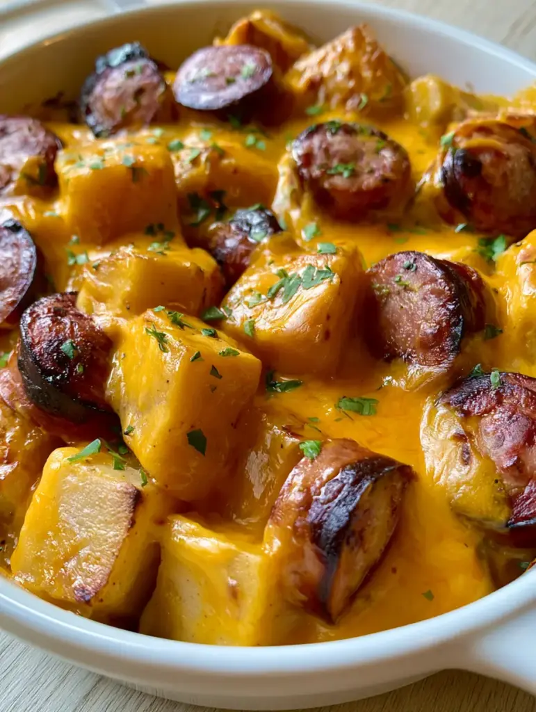 Kielbasa Potato Casserole with Smoked Sausage and Melted Cheddar 1 Close up view of cubed potatoes and kielbasa rounds smothered in thick orange cheese sauce. (Kielbasa Potato Casserole)