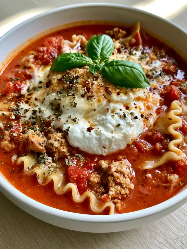 Deep white ceramic bowl filled with Lasagna Soup, topped with melted mozzarella and fresh basil.