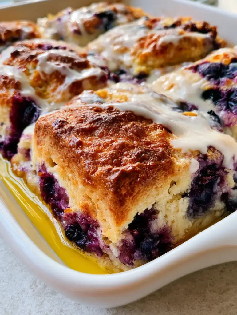 A rectangular ceramic dish filled with golden-brown Lemon Blueberry Butter Swim Biscuits and melted yellow butter.
