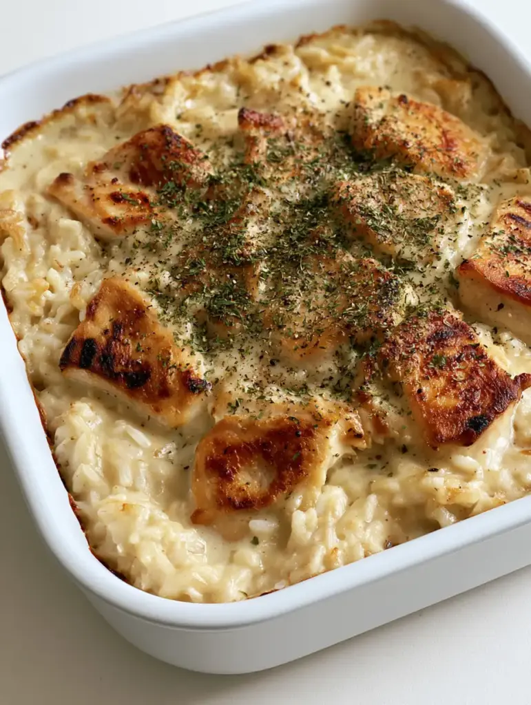A white rectangular ceramic baking dish containing No-Peek Chicken Casserole topped with dried parsley and black pepper.
