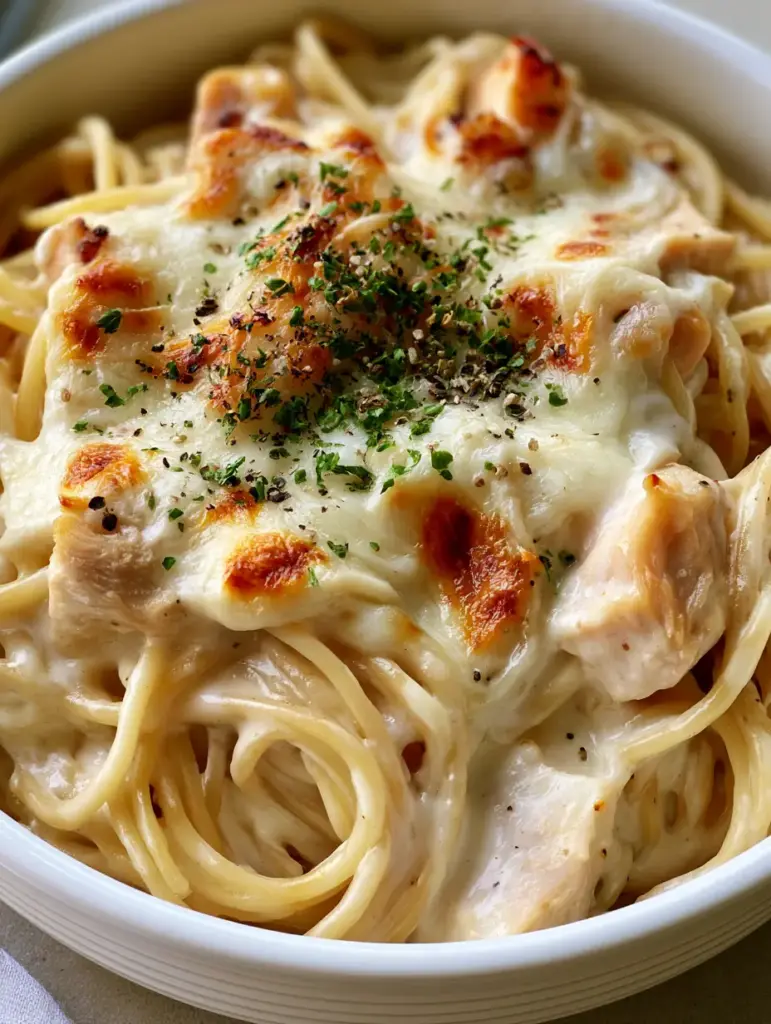 Top view of Creamy Chicken Spaghetti with toasted golden-brown cheese spots and fresh parsley garnish.