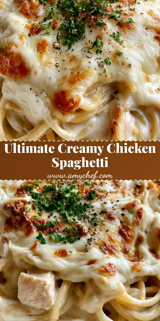 A close up smartphone photo of Creamy Chicken Spaghetti in a white bowl with bubbly melted mozzarella and golden brown spots.