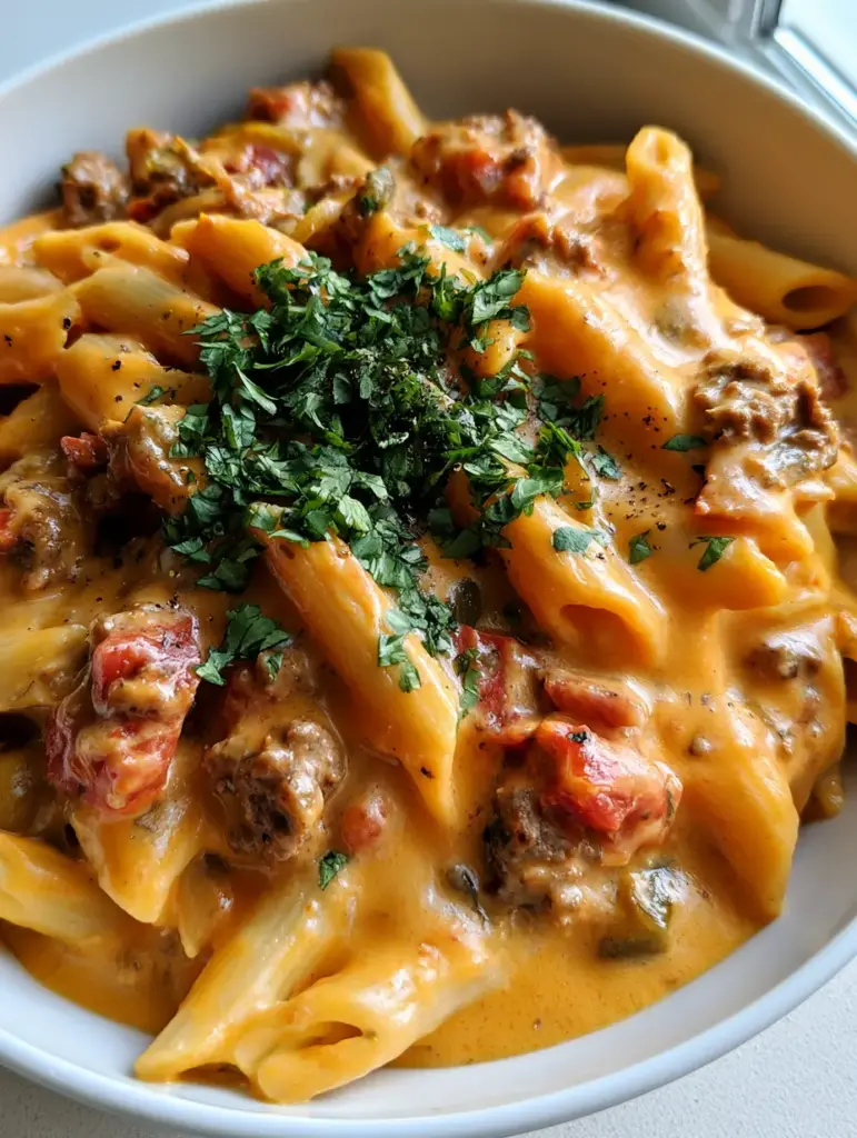Close up view of browned beef and green chilies in a creamy orange pasta sauce.