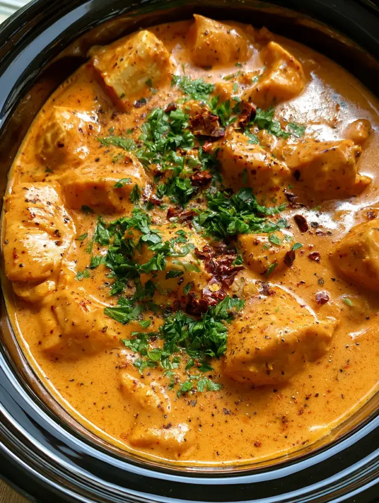 Crockpot Cajun Butter Chicken (Easy Creamy Slow Cooker Recipe) 1 Top down shot of Crockpot Cajun Butter Chicken garnished with fresh parsley and red pepper flakes.