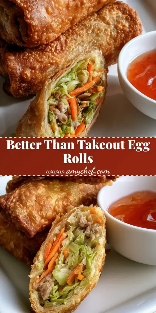 A tall stack of three deep-fried Crispy Homemade Egg Rolls on a white plate with a side of red sweet and sour sauce.