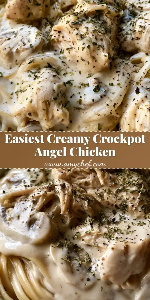 A top-down view of Crockpot Angel Chicken served in a white bowl, featuring thick ivory sauce and large pulled chicken chunks over linguine.
