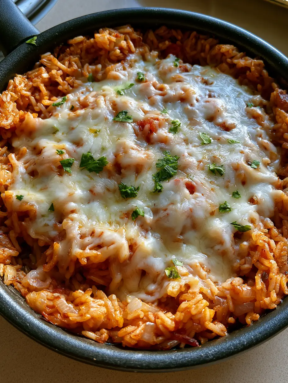 Top-down view of reddish-orange seasoned long-grain rice mixed with minced tomatoes and onions in a black skillet. (Cheesy Mexican Rice)