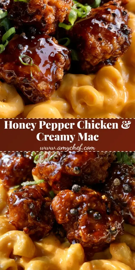 Honey Pepper Chicken and Mac: The Ultimate Creamy and Spicy Comfort Food 3 A shallow white ceramic bowl containing creamy macaroni and cheese topped with mahogany-colored crispy honey pepper chicken bites and green onions. (Honey Pepper Chicken and Mac)