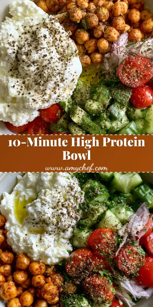 A high-protein Cottage Cheese Chickpea Salad Bowl featuring roasted chickpeas, cottage cheese, and fresh vegetables in a white bowl.