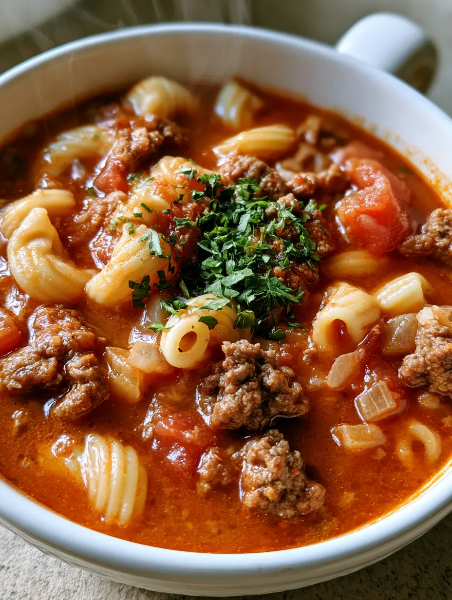 Close up of Beef and Macaroni Soup in a white bowl showing chunky beef crumbles and ridged pasta noodles.