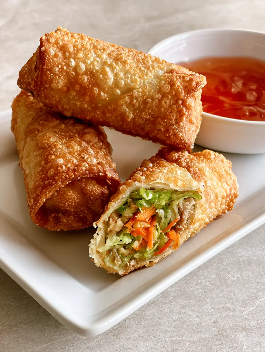 Close up of Crispy Homemade Egg Rolls sliced diagonally showing shredded cabbage, carrots, and pork filling.