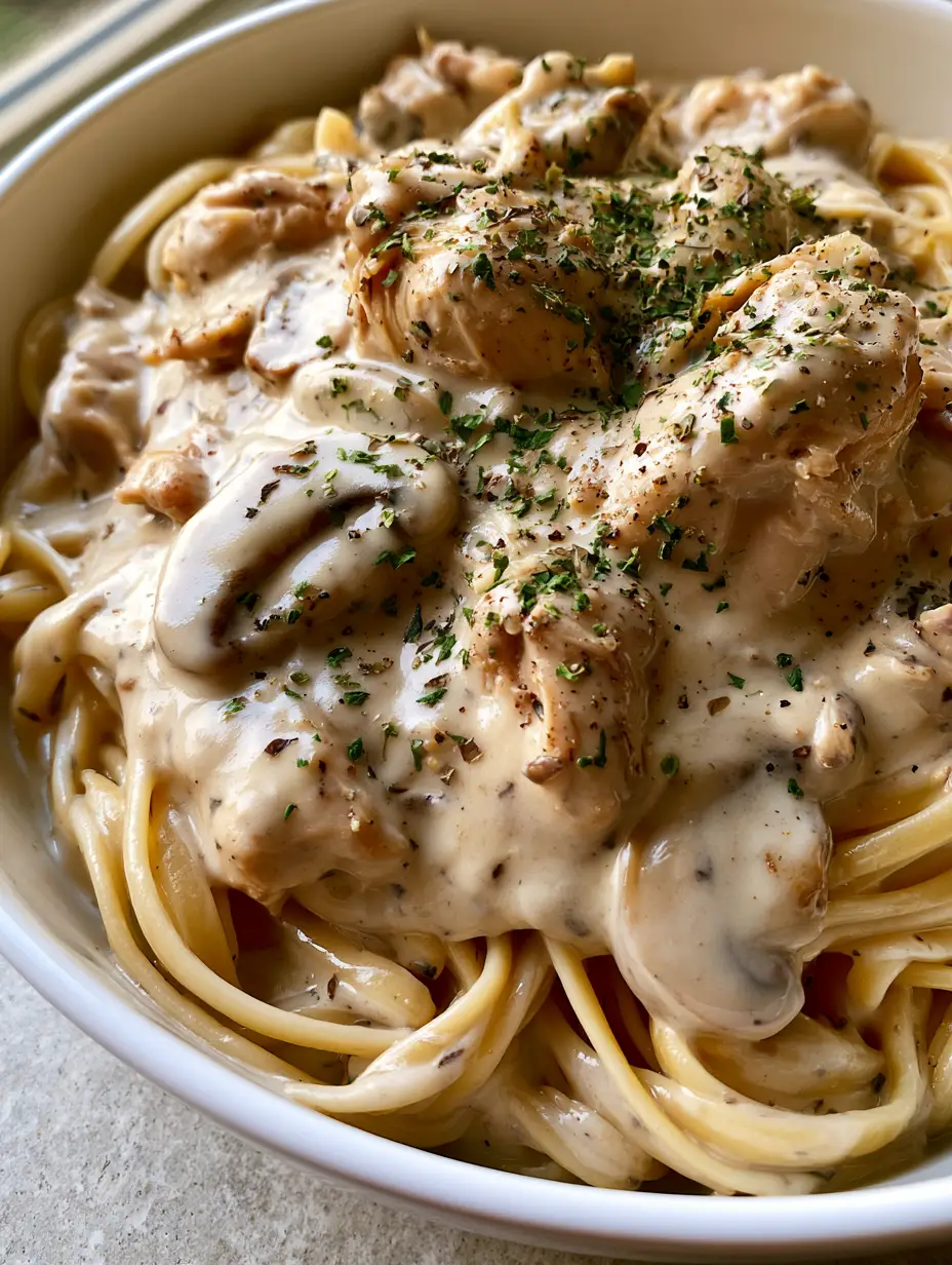 Close-up of creamy angel chicken with succulent pulled chunks and visible mushroom slices in a white ceramic bowl. (Crockpot Angel Chicken)