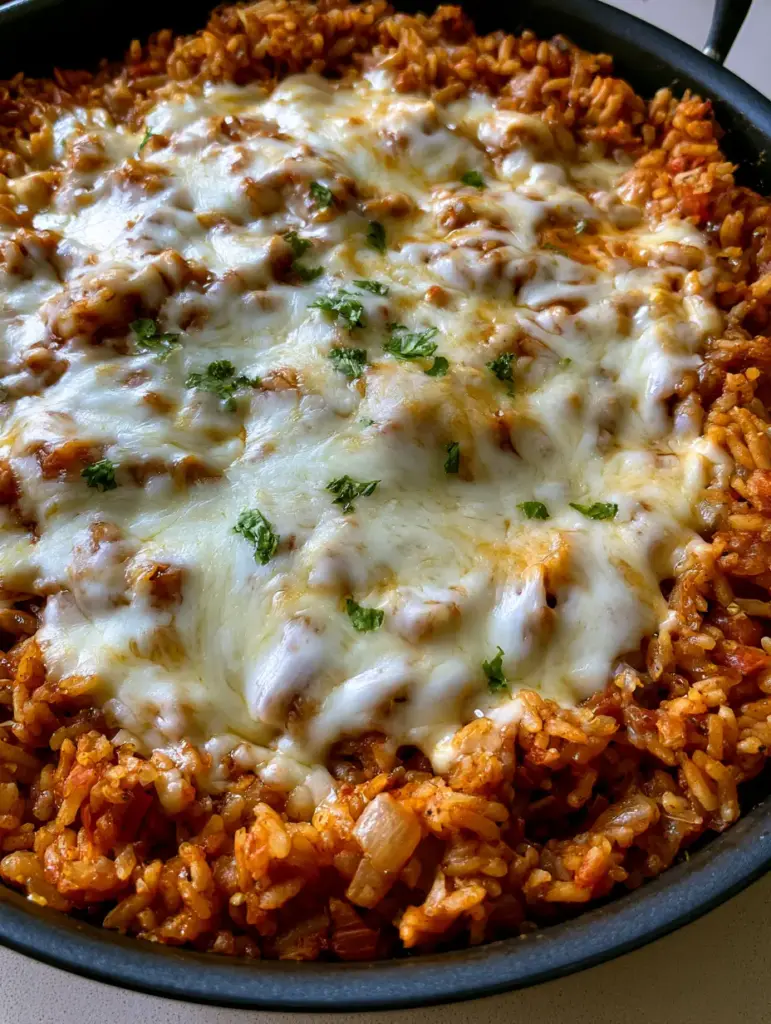 Close up of melted white cheese bubbling over a bed of moist and tender Mexican seasoned rice.