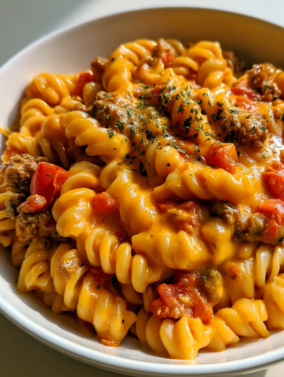 Close up of Rotel Pasta Recipe in a white bowl showing glossy orange sauce and beef crumbles. (Rotel Pasta Recipe)