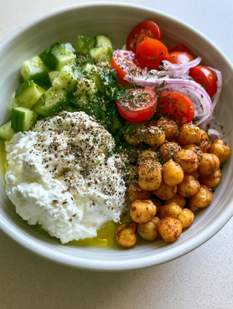 Top-down view of a deconstructed Cottage Cheese Chickpea Salad Bowl with spiced chickpeas and fresh herbs.