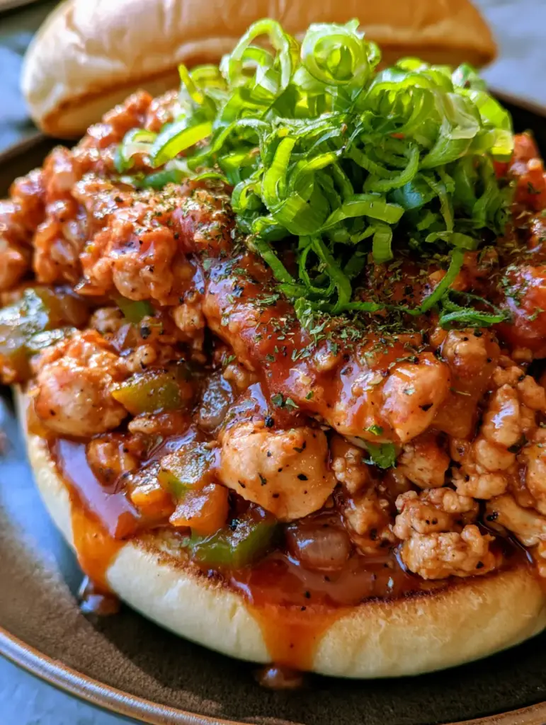 Cajun Chicken Sloppy Joes: The Zesty 30-Minute Dinner You Need 1 Cajun Chicken Sloppy Joe on a dark ceramic plate garnished with green onions and parsley flakes.