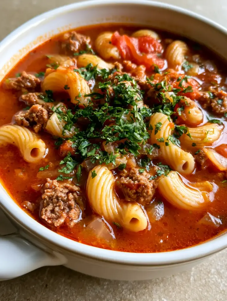 A top-down view of Beef and Macaroni Soup with fresh green parsley scattered over the top.