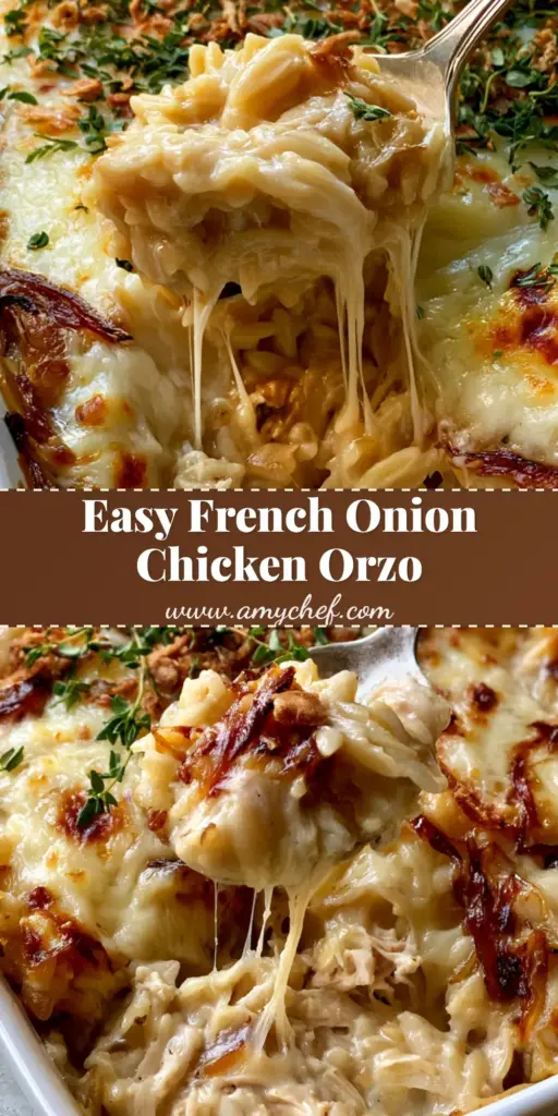 A close up of French Onion Chicken Orzo Casserole in a white dish with a huge cheese pull from a silver spoon.