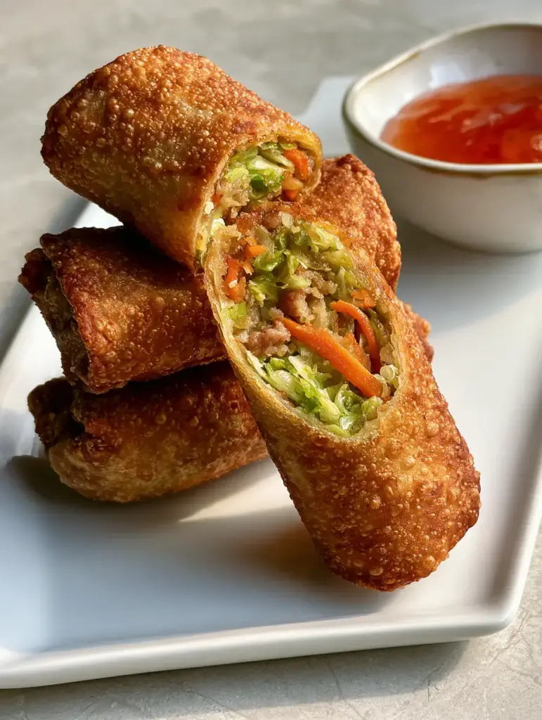 A stack of deep-fried egg rolls on a rectangular plate featuring a bubbly golden-brown crust.