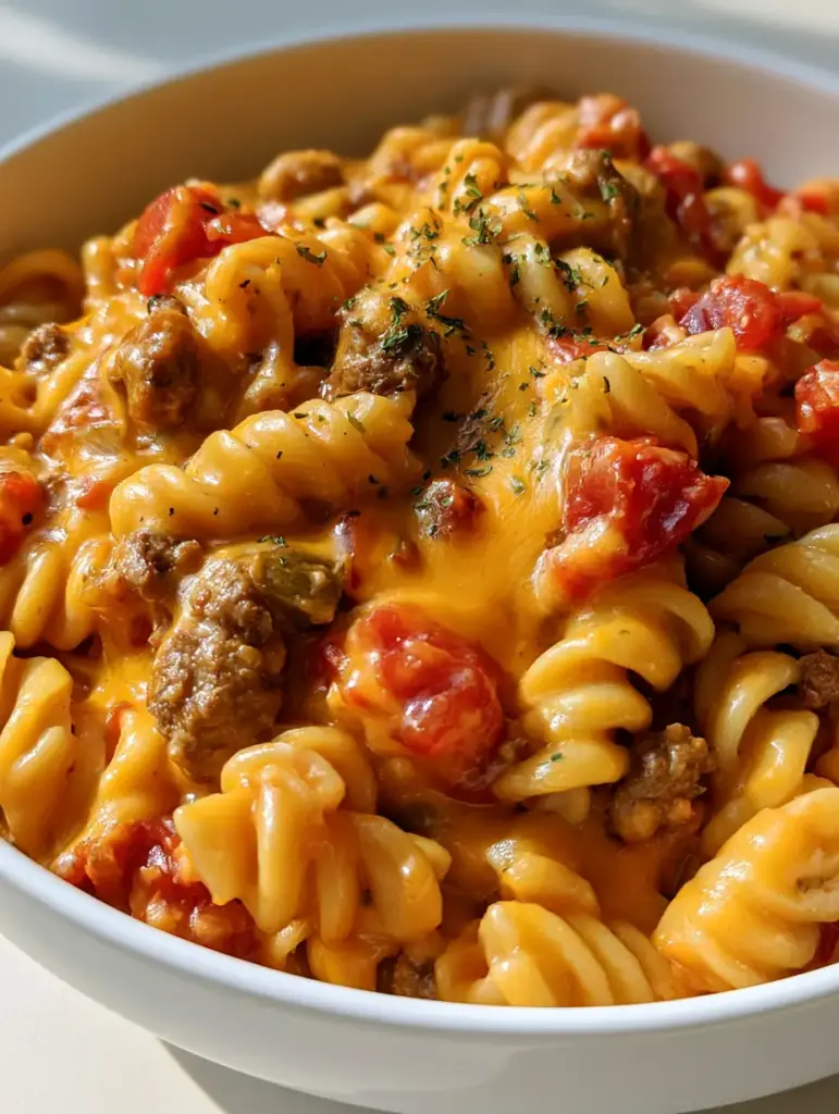 A handheld smartphone photo of a white ceramic bowl filled with Rotel Pasta Fiesta. (Rotel Pasta Recipe)