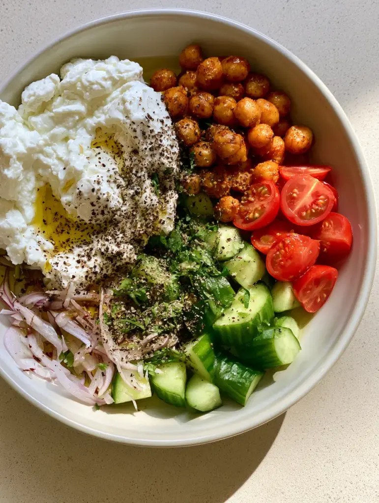 Close up of creamy cottage cheese and matte roasted chickpeas in a salad bowl.