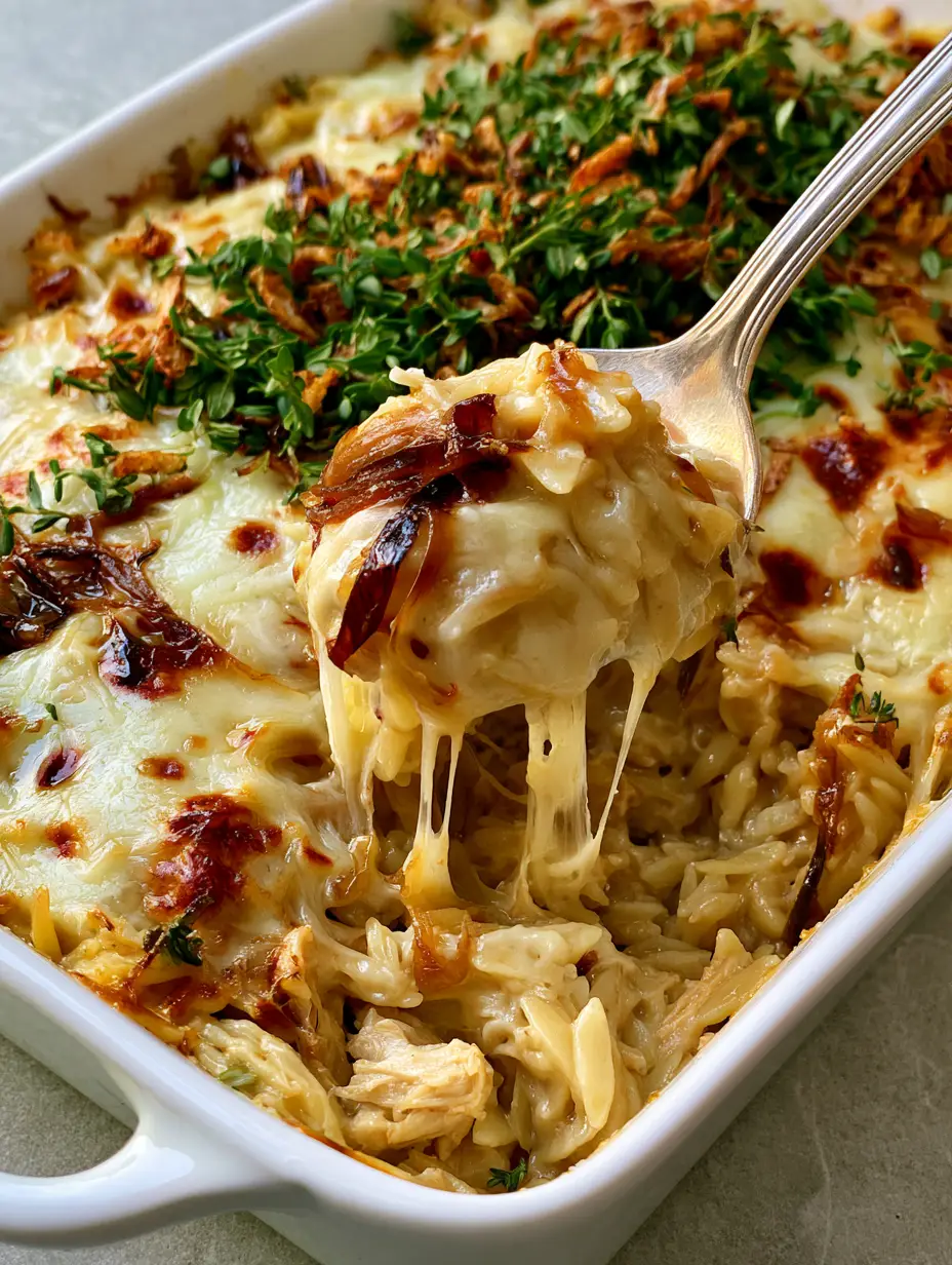A ceramic baking dish filled with French Onion Chicken Orzo Casserole, topped with melted Gruyere and fresh thyme.