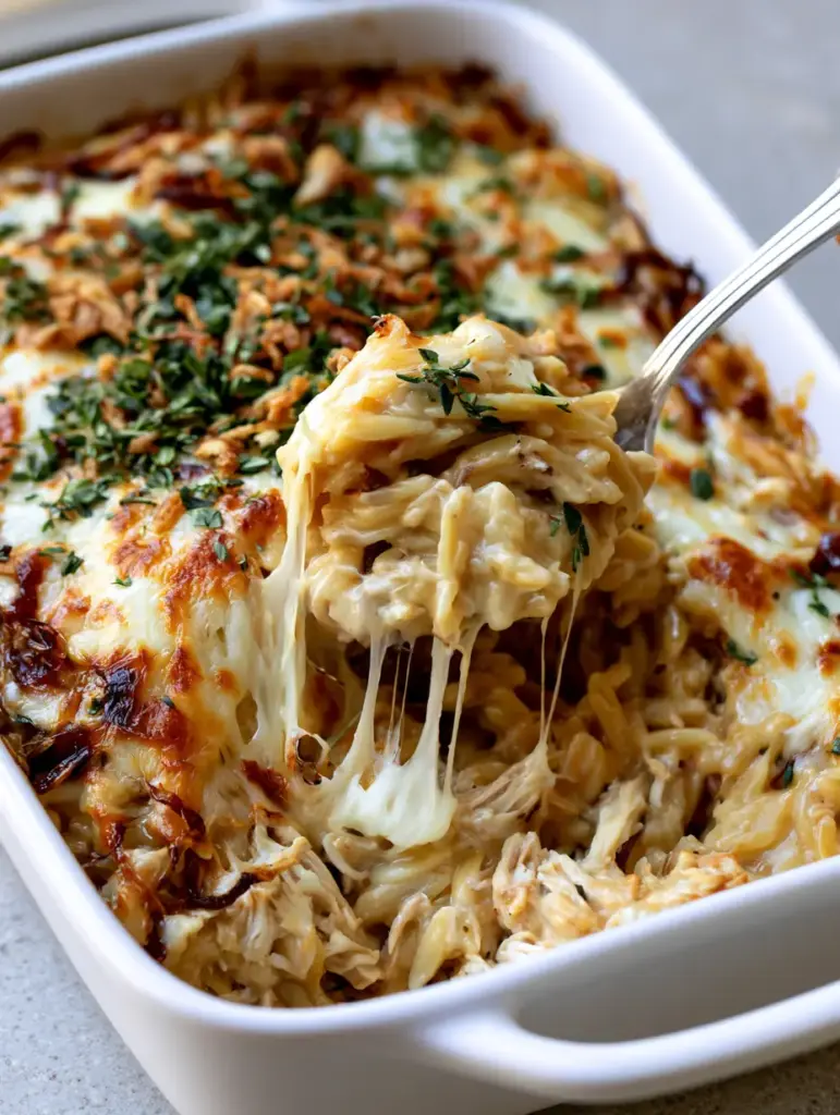 Overhead view of the creamy texture of French Onion Chicken Orzo Casserole showing shredded chicken and dark caramelized onions.