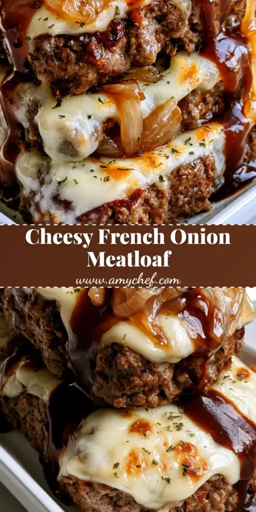 French Onion Meatloaf with Bubbly Swiss and Rich Gravy 3 A stack of French Onion Meatloaf slices on a white rectangular plate topped with melted Swiss cheese, caramelized onions, and dark gravy. (French Onion Meatloaf)